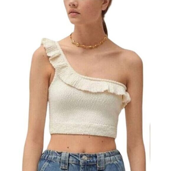 UO Molly Ruffle Crop Top Medium Ivory - Picture 1 of 6